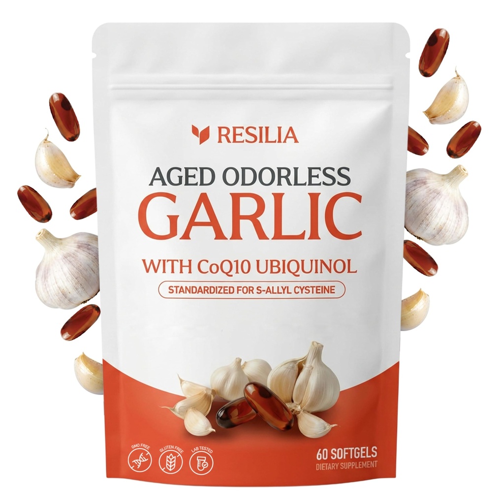Resilia Odorless Aged Garlic Extract Softgels (180 Count) | 600mg Aged Garlic Extract Per Serving | with CoQ10 Ubiquinol & Vitamin K2 (MK-7) | Dietary Supplement