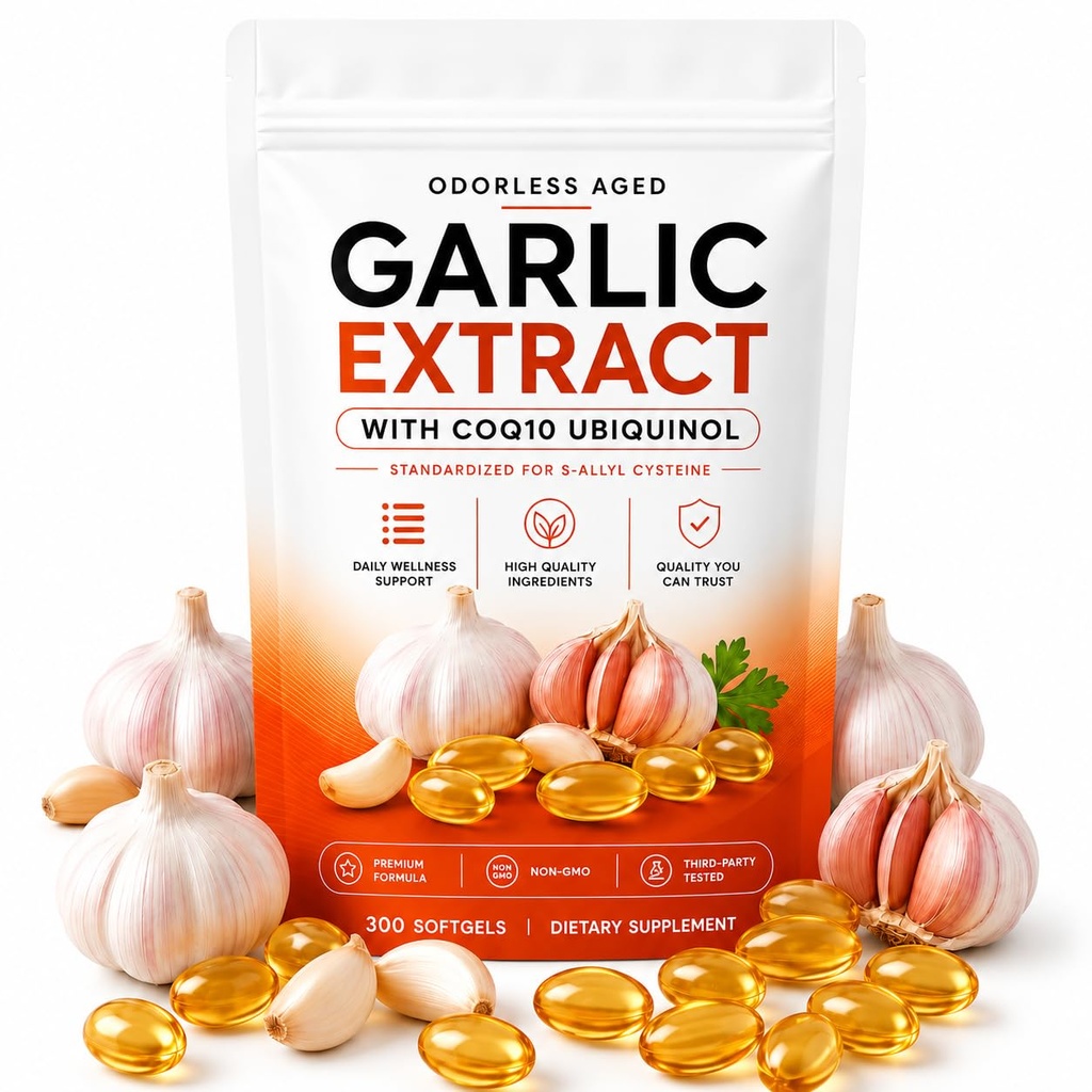 Aged Garlic Extract - 7500mg Odorless, Aged Odorless Garlic with Coq10 Ubiquinol, Heart & Immune Support, Vegetarian, All-Natural, Non-GMO, 300 Softgels
