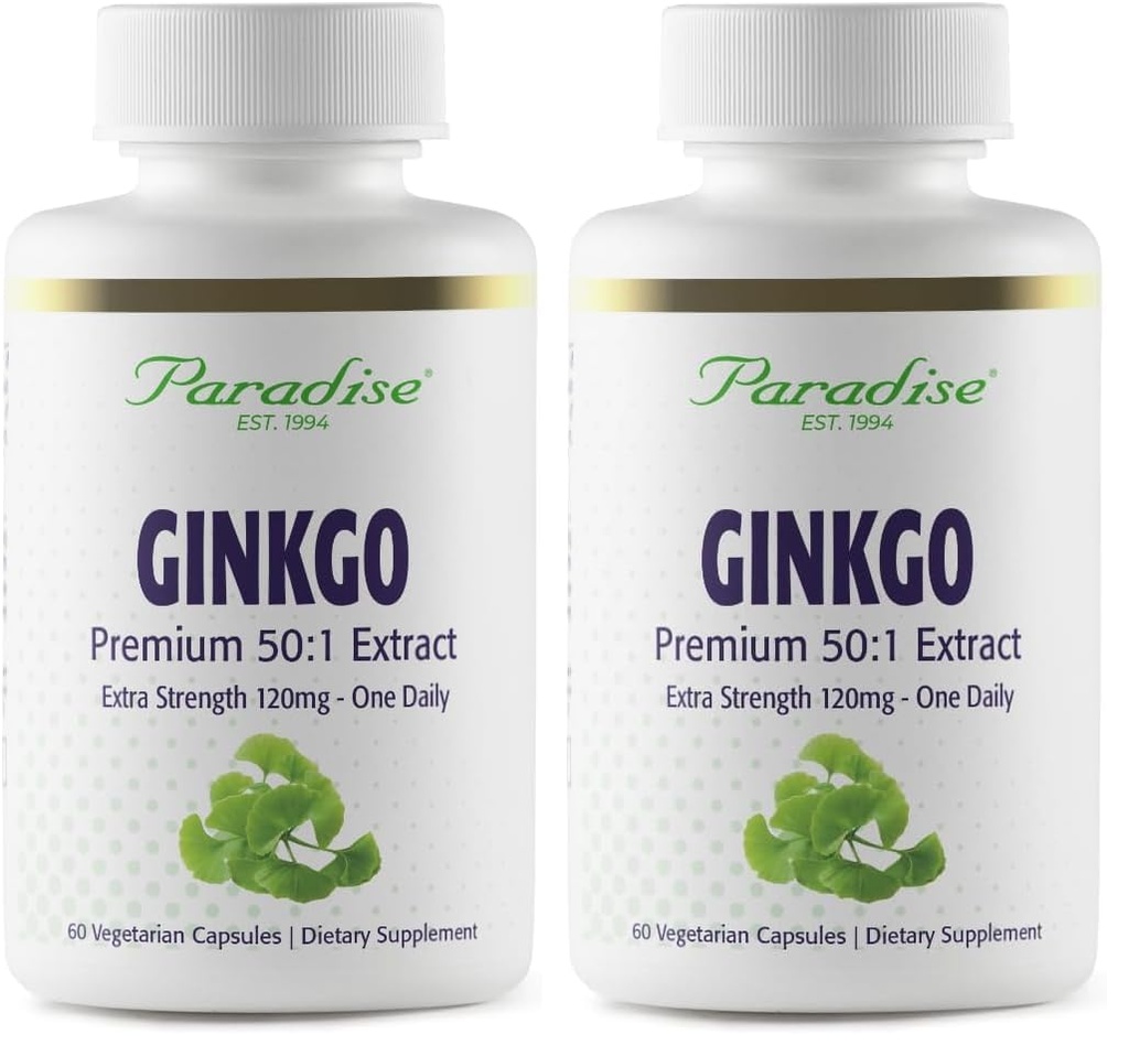 Paradise Herbs Ginkgo Biloba Extract, Super Potent, Ultra Pure, Vegan, Non GMO, Gluten Free, 60 Vegetarian Capsules (Pack of 2)