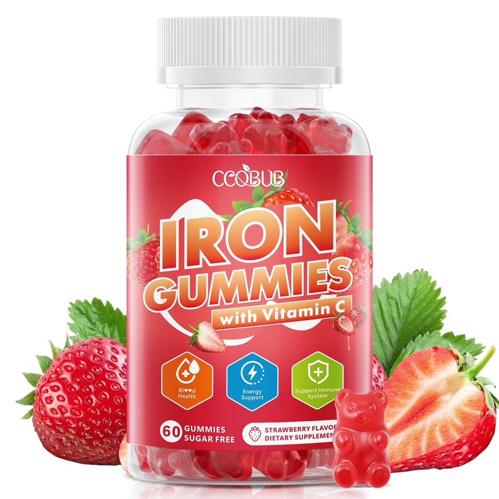 Iron Gummies with Vitamin C, Iron Supplement for Women & Men, 60 Count | Immune Support, Blood Builder & Energy Support for Iron Deficiency, Sugar Free, Vegan, Strawberry Flavor