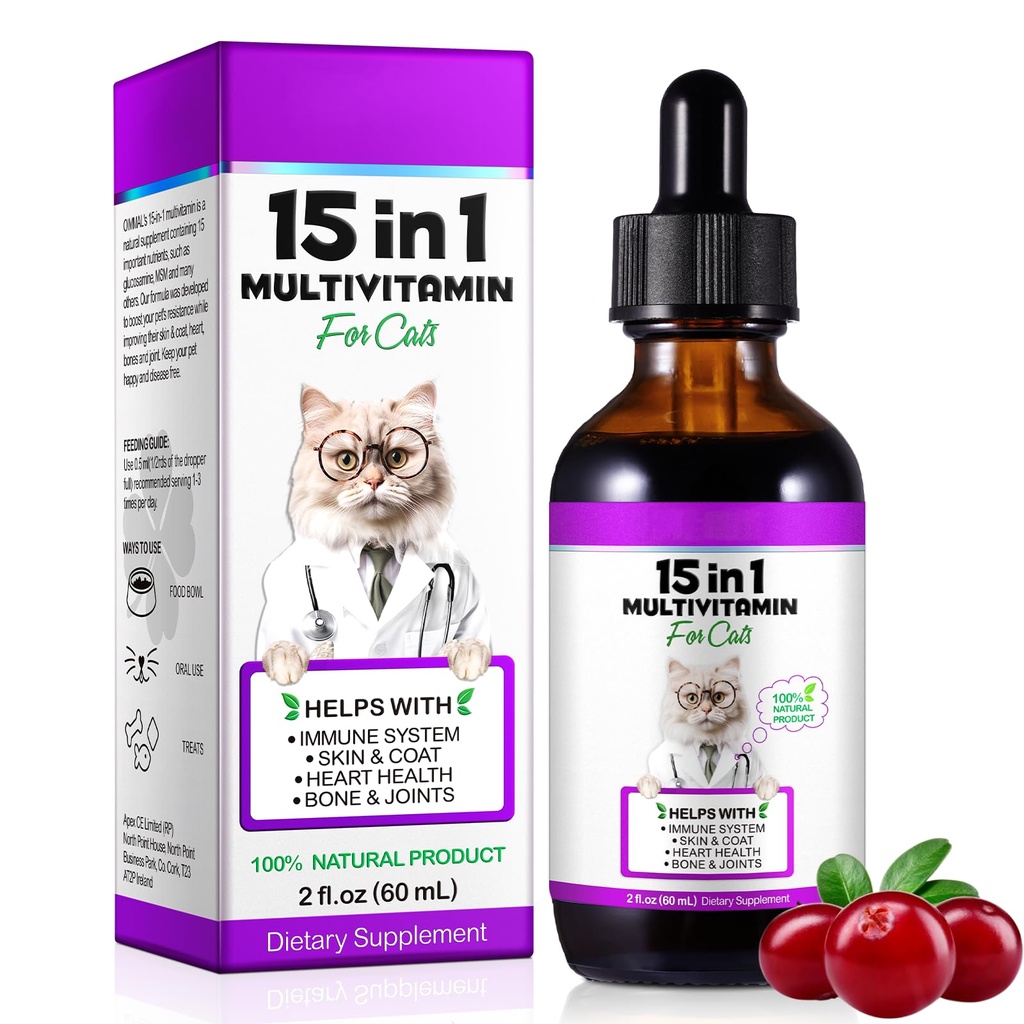 Cat Vitamins,15 in 1 Cat Multivitamin Liquid Drops Supplements for Heart Health, Bones, Joint, Skin & Coat, Digestion, Immune System Support, 60ml