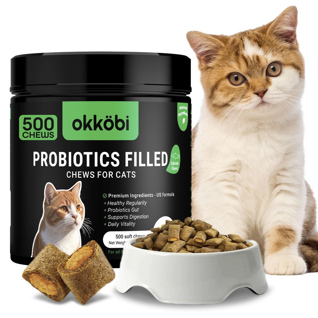 Probiotics for Cats Chews 500PCs - Digestive, Gut Health & Diarrhea Support - Probiotic Chews for Feline - Crunchy & Creamy with Cat Probiotics, Enzymes & Natural Ingredients - Salmon
