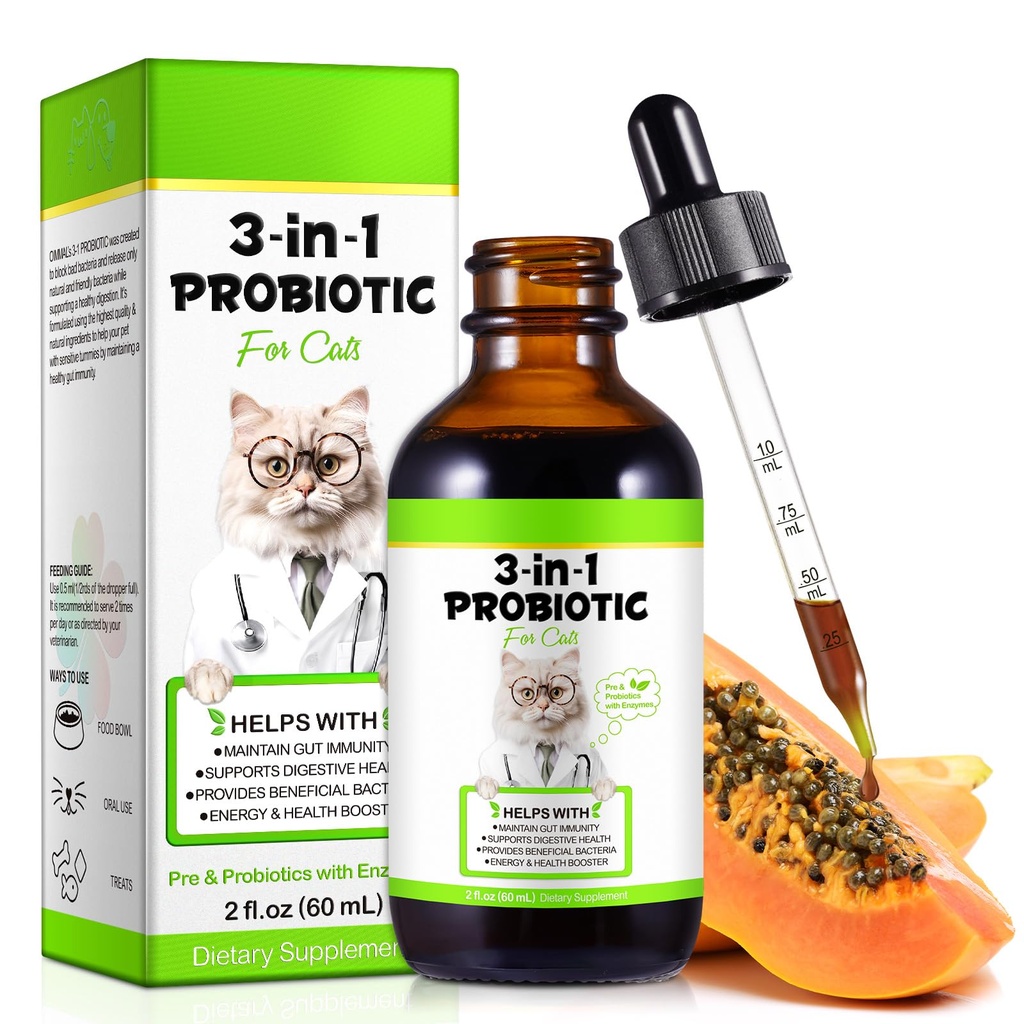 3 in 1 Probiotics for Cats Help with Gut, Upset Stomach, Diarrhea, Bloating | Cat Digestive, Immune Support with Digestive Enzymes, Prebiotics & Probiotics – 60ml for Cats of All Ages