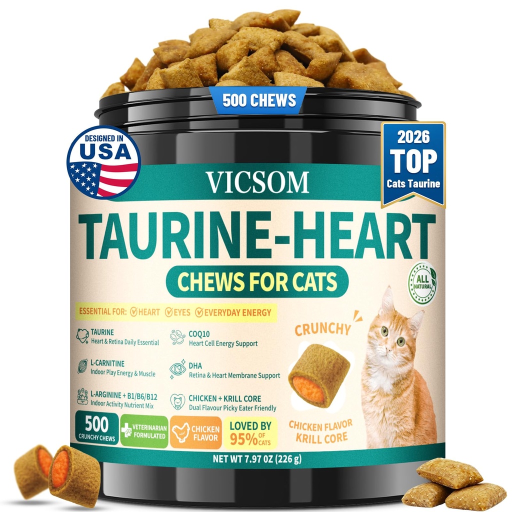 VICSOM Taurine for Cats, Cat Supplements for Heart & Vision, 500 Chews | Crunchy Cat Treats With CoQ10, Omega-3 & L-Carnitine For Heart, Vision, Muscle & Energy Support, Chicken Flavor