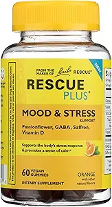 RESCUE Bach Plus Mood & Stress Support Gummies, Daytime Dietary Supplement with Passionflower, GABA, Saffron & Vitamin D, Natural Orange Flavor, Vegan & Gluten-Free, 60 Count