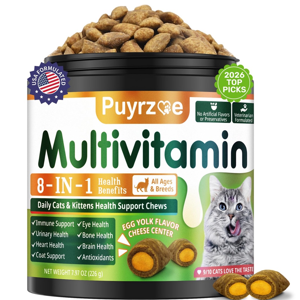 Puyrzoe Taurine for Cats, Cat Vitamins Treats, 500 Crunchy Chews | Cat Multivitamin with 14 Vitamins and Minerals, 8-in-1 Support - Immune, Urinary, Heart, Skin & Coat, Eyes, Brain, Bone
