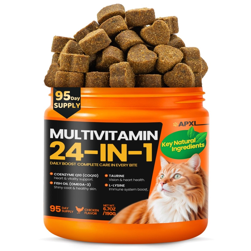 APXL Taurine for Cats - 24 in 1 Cat Vitamins with CoQ10, 95 Days Supply | 24 Nutrients with L-Lysine, Cat Treats for Immunity, Joints, Skin, Coat & Heart, Zero Artificial Lures, Natural Flavors