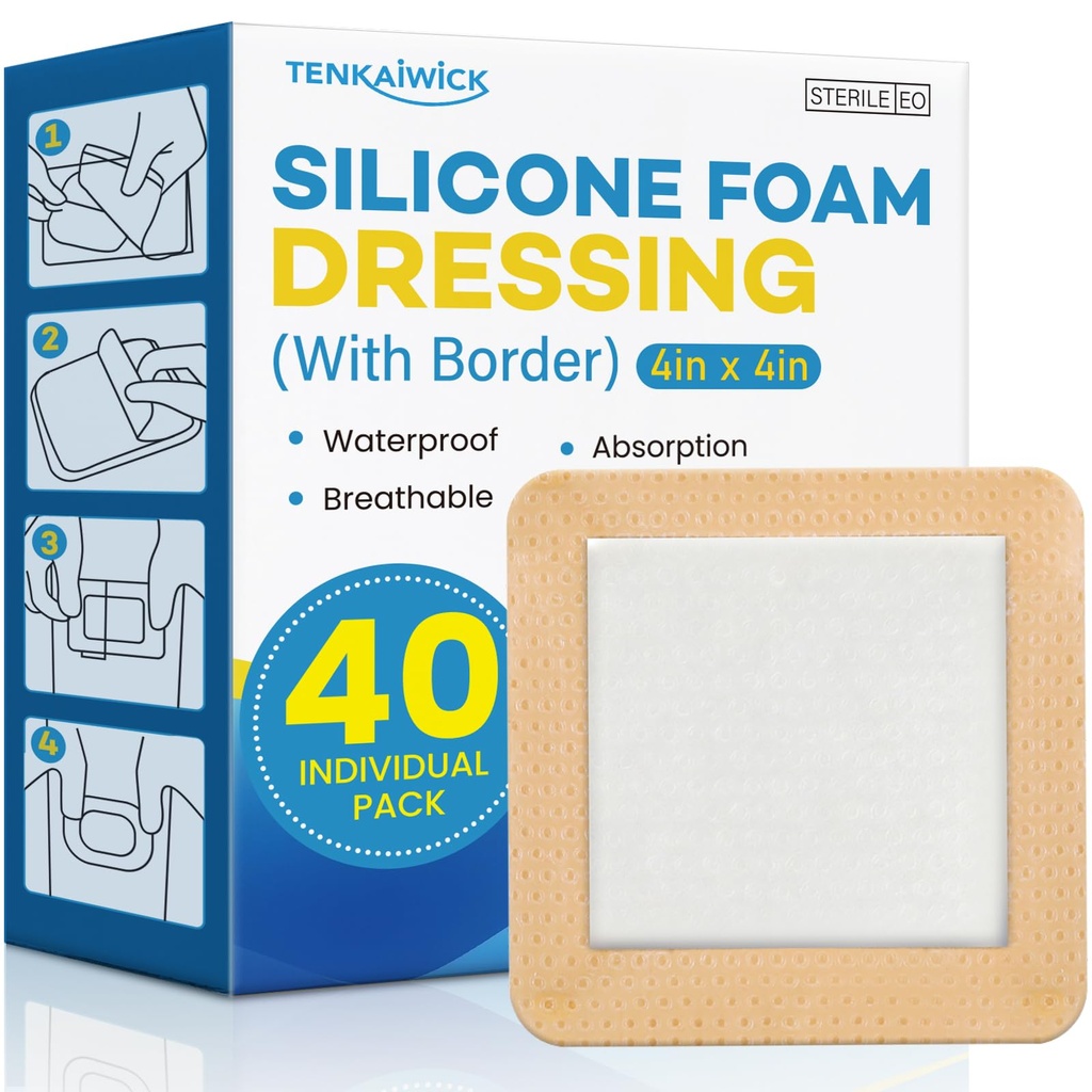 40 Pack Silicone Foam Dressing 4"x4" with Adhesive Border, High Absorbency Silicone Bandages, Waterproof Foam Bandages for Wounds Care, Bed Sore, Diabetic Foot Ulcers