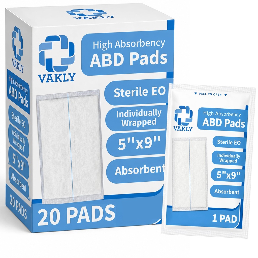 Vakly Sterile Abdominal ABD Combine Pads 5x9, High Absorbency Gauze, 20 Pk | Non-adherent, wound dressing, first aid pads, surgical pads, post op care, trauma pads, individually wrapped, heavy drainage