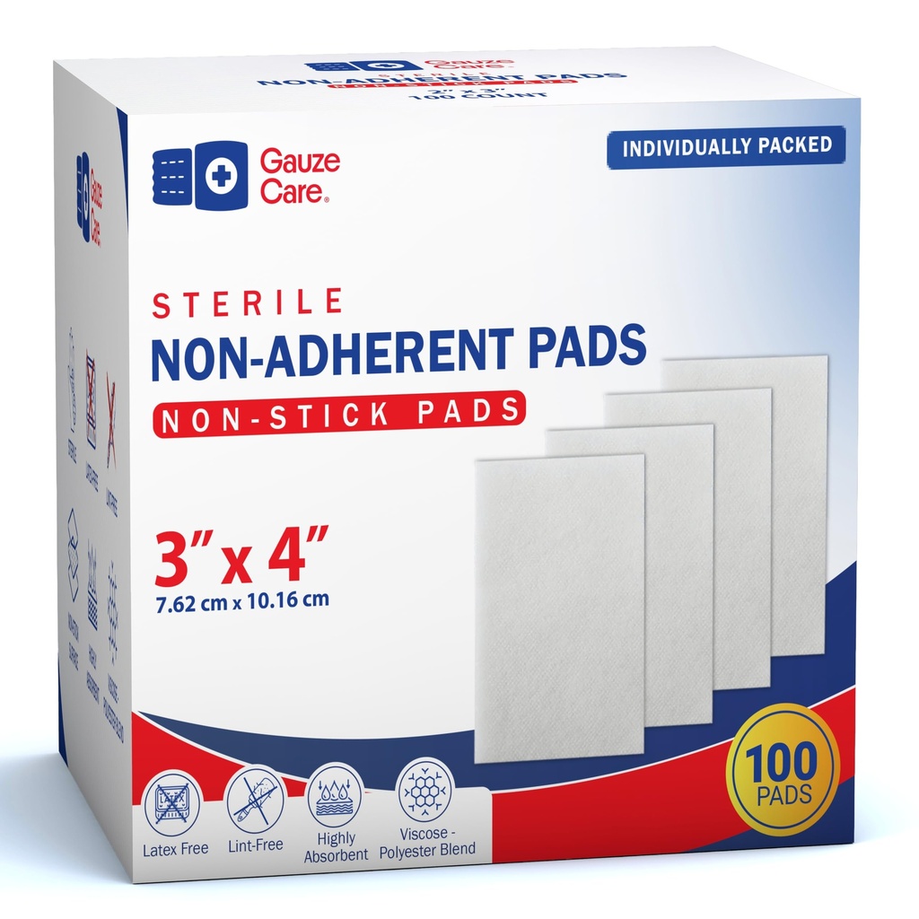 Gauze Care 3x4 Inch - Pack 100 Non-Stick Gauze Pads for Wounds, Non-Adherent, Highly Absorbent, Painless Removal, Individually Wrapped for Extra Protection