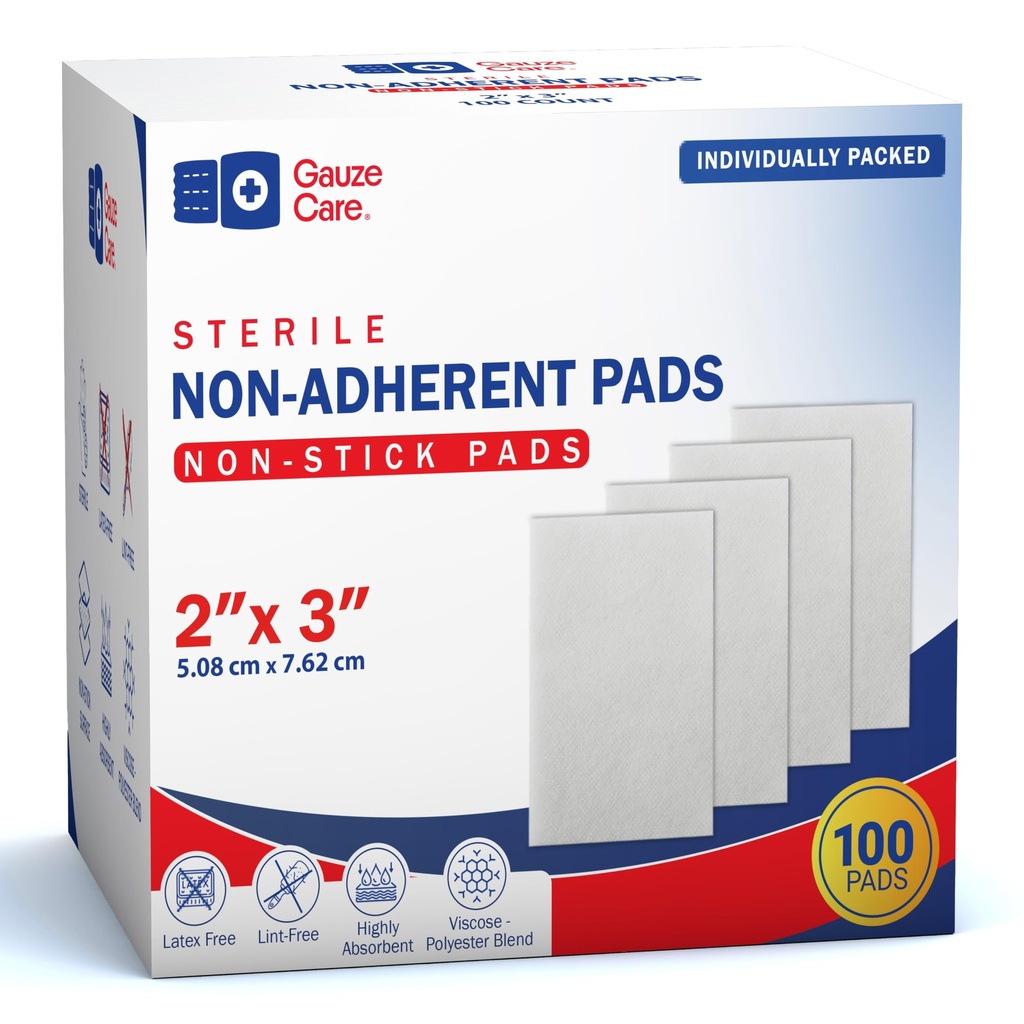 Gauze Care 2x3 Inch - Pack 100 Non-Stick Gauze Pads for Wounds, Non-Adherent, Highly Absorbent, Painless Removal, Individually Wrapped for Extra Protection