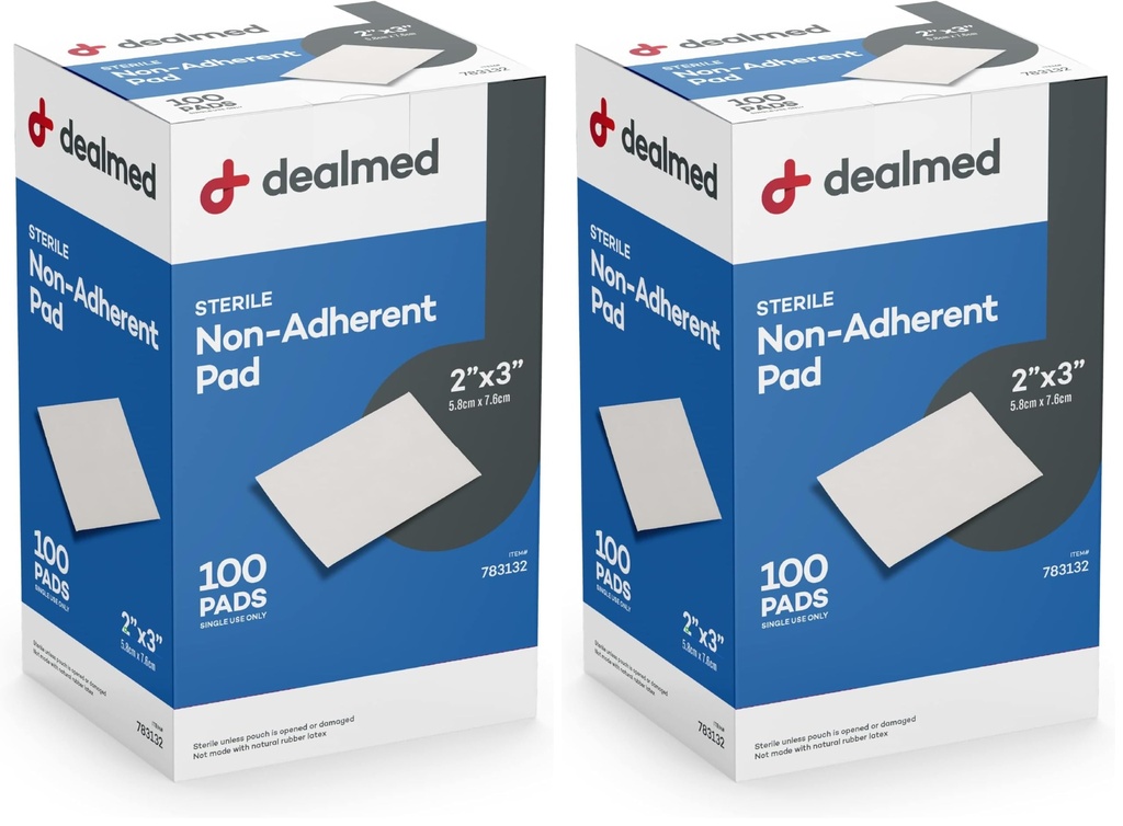 Dealmed Sterile Non-Adherent 2" x 3" Gauze Pads Non-Adhesive Wound Dressing, Highly Absorbent & Non-Stick, Painless Removal-Switch, Individually Wrapped for Extra Protection (Box of 100) (Pack of 2)