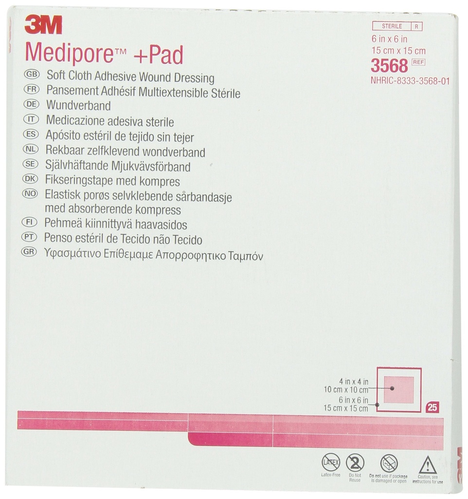 3M™ Medipore™ +Pad Soft Cloth Adhesive Wound Dressing, 3568, Dressing - 6 in x 6 in, Pad - 4 in x 4 in | Model 3568. Dressing for professional healthcare use.