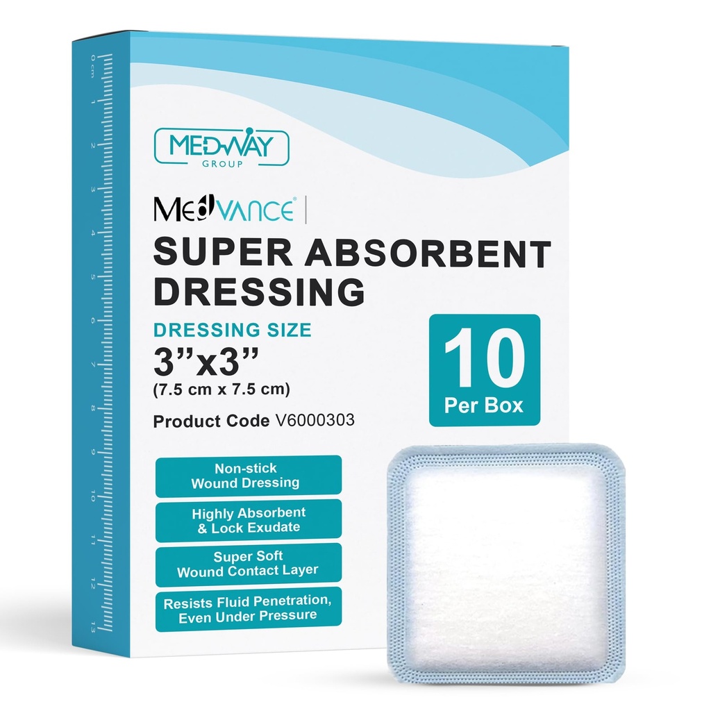 MedVance Super Absorbent Wound Dressing, Non-Adhesive Pads, 3"x3" Box of 10 | Sterile And Individually Wrapped - Non-Stick Wound Bandages - Super Soft - Highly Absorbent & Lock Exudate - Leakproof