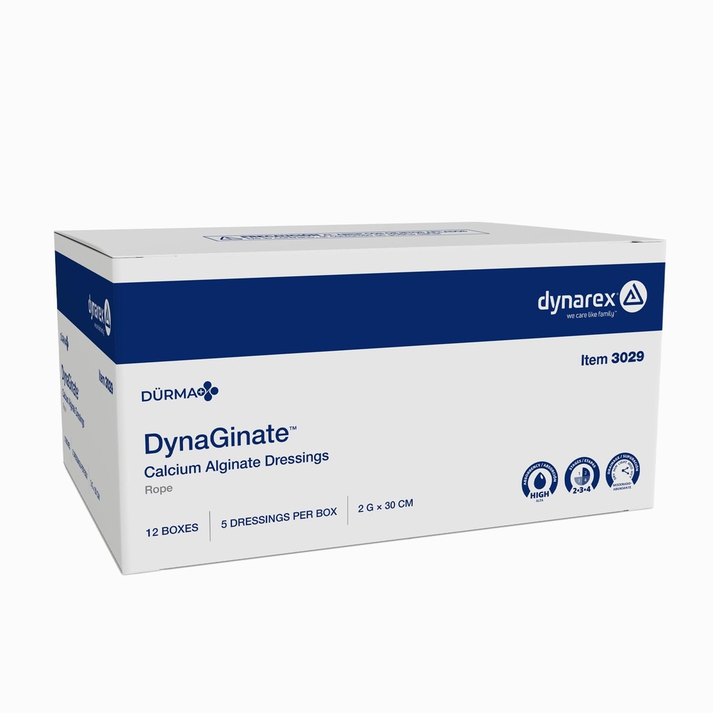 Dynarex DynaGinate Calcium Alginate Wound Dressing - Sterile, Non-Stick Topical Wound Pads - Absorbent Gel Patches for Moderate to High Exuding Cuts - 2g x 30cm, 12 Boxes of 5