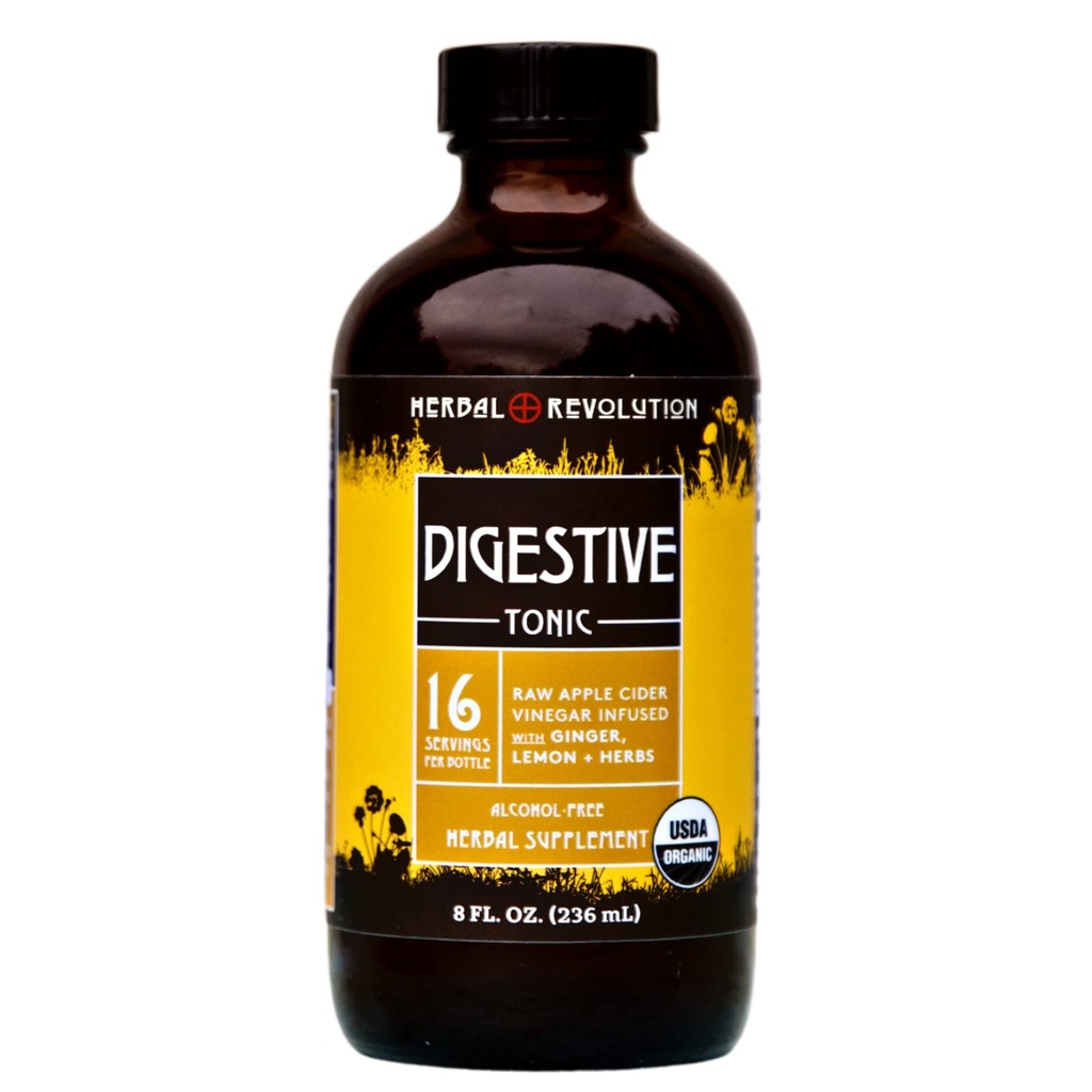 Herbal Revolution Digestive Tonic - Certified Organic Non-GMO Apple Cider Vinegar Infused with Honey, Burdock Root, Dandelion, Lemon Balm & More, Made Using Regenerative Farming Practices - 8 Fl Oz