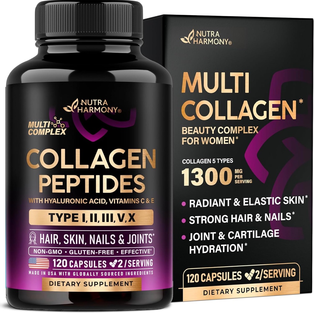 Multi Collagen Peptides - Hydrolyzed Types I, II, III, V & X - Συμπλήρωμα κολλαγόνου για γυναίκες 1300mg - w/ Hyaluronic Acid, Vitamins C & E - Δέρμα, μαλλιά, νύχια & κοινή υποστήριξη - Κατασκευασμένο στις ΗΠΑ, 120 κάψουλες