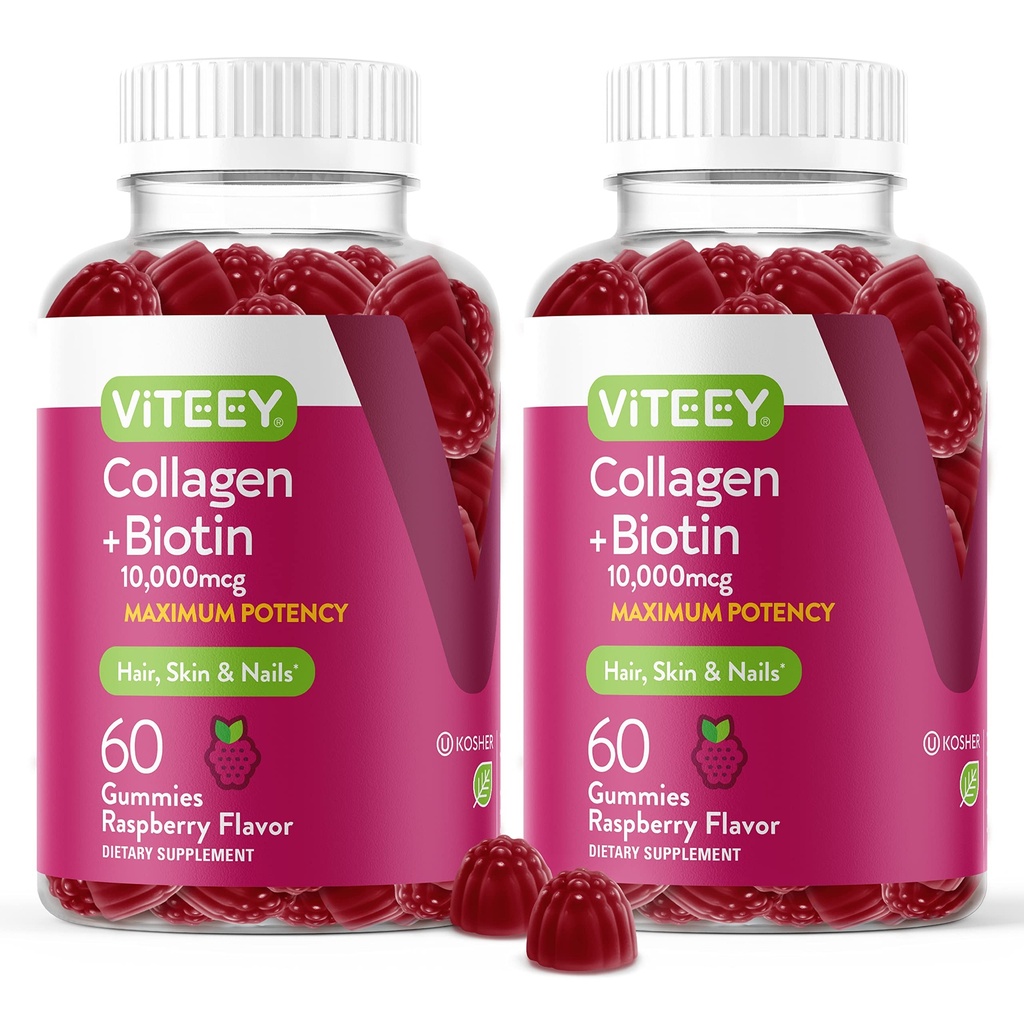 Viteey Collagen Gummies with Biotin Gummies for Hair Skin and Nails Vitamins - Biotin and Collagen Supplements for Women & Men - Gluten-Free – 120 Count