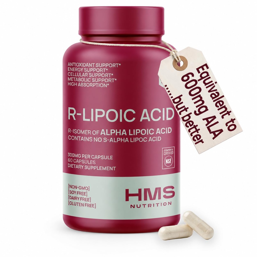 HMS Nutrition Stabilized R-Lipoic Acid 300mg per Serving — Pure R Alpha Lipoic Acid (R-ALA) High Potency Active R Isomer Antioxidant Nerve & Metabolism Support — NSF Certified Non-GMO Vegan 120Capsule