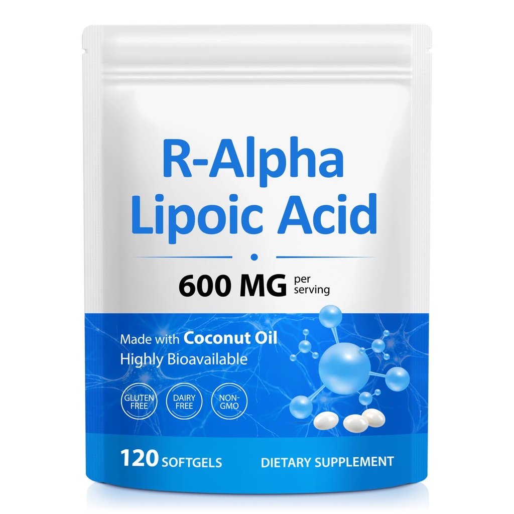 R-Alpha Lipoic Acid Softgels 600mg per Serving 120 Softgels, Antioxidant & Cellular Energy Support, Enhanced Bioavailability Formula with Coconut Oil