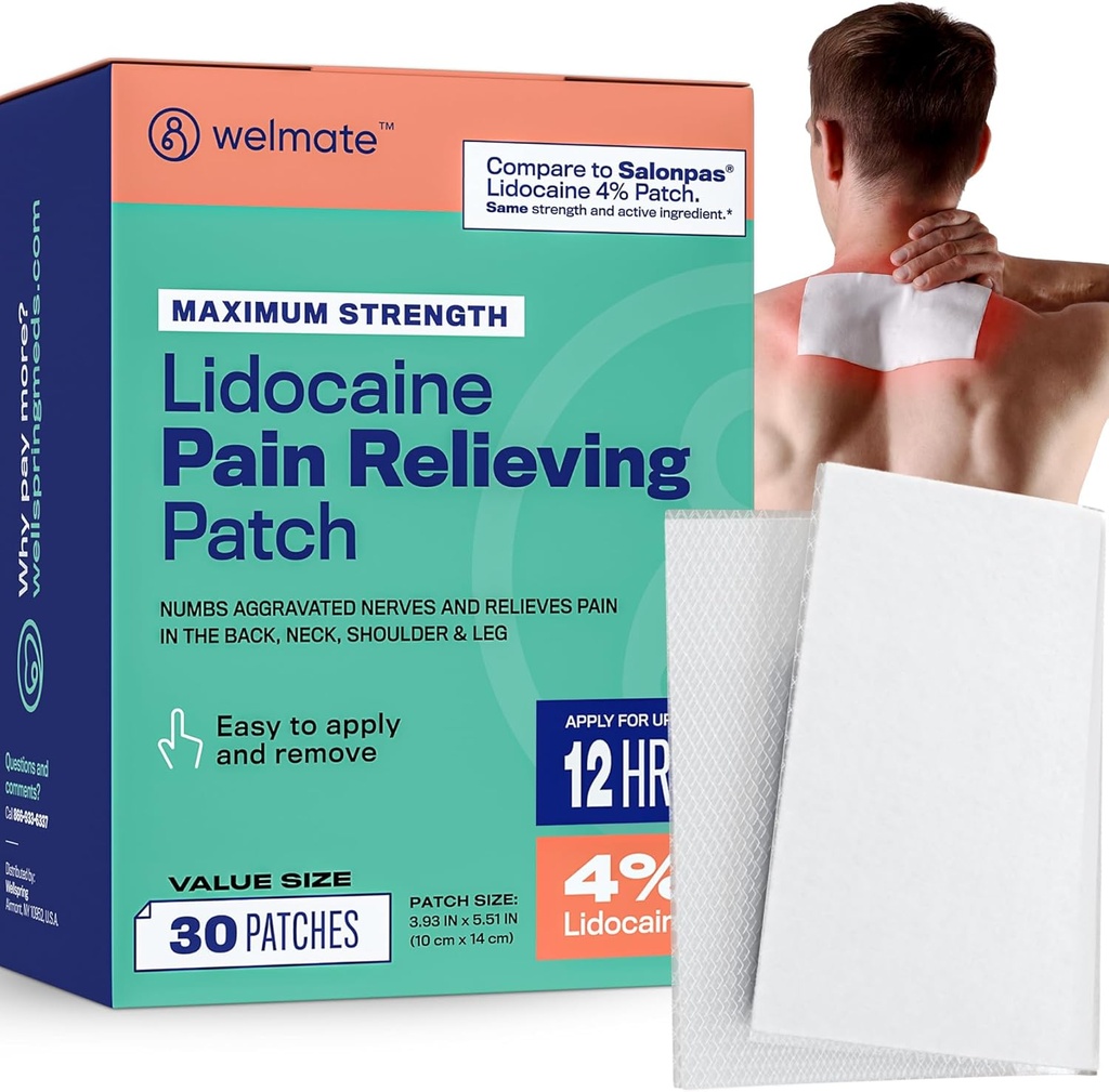WELMATE - 4% Λιδοκαΐνη Numbing Patch - Μέγιστη δύναμη - Προσωρινή ανακούφιση του πόνου, πλάτη, λαιμός, ώμοι, γόνατα, αγκώνες, Ελαφρές ερεθίσεις του δέρματος - Επίκαιρη Αναλγητική Αρωγή - 30 κ.μ.