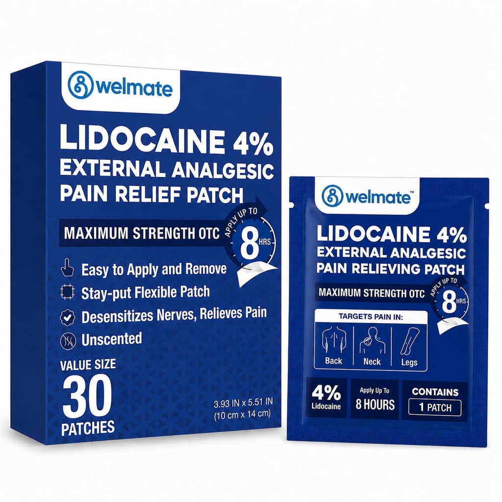 WELMATE - 4% Λιδοκαΐνη Numbing Patch - Μέγιστη δύναμη - Προσωρινή ανακούφιση του πόνου, πλάτη, λαιμός, ώμοι, γόνατα, αγκώνες, Ελαφρές ερεθίσεις του δέρματος - Επίκαιρη Αναλγητική Αρωγή - 30 κ.μ.