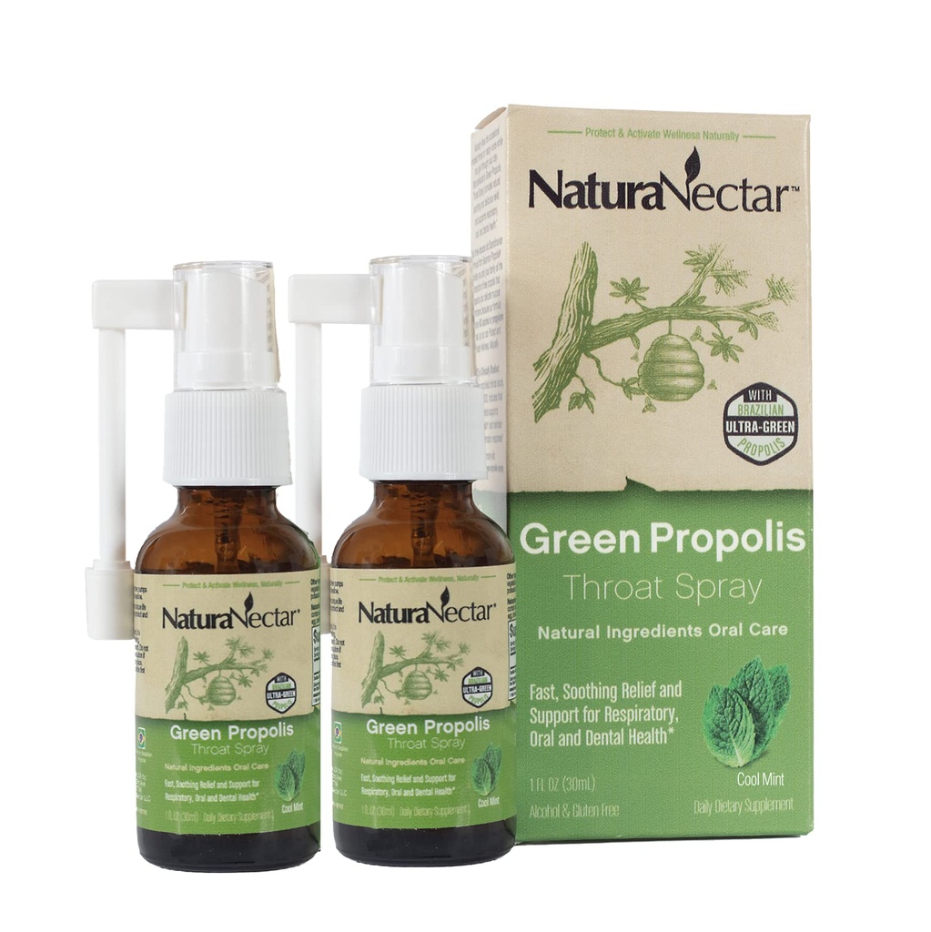 NaturaNectar Green Bee Propolis Throat Spray | Fast, Soothing Throat Care Wellness Support | Non-Alcoholic Family Friendly Formula (2-Years and up) | Sustainable Beekeeping | Eco-Friendly (2 Pack)