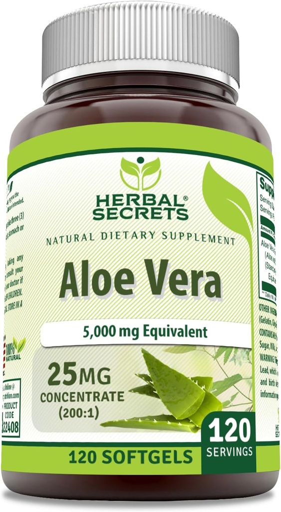 Herbal Secrets Aloe Vera 25 Mg Concentrate 200:1 | 5000 Mg Equivalent | 120 Softgels | Non-GMO | Gluten-Free | Made in USA