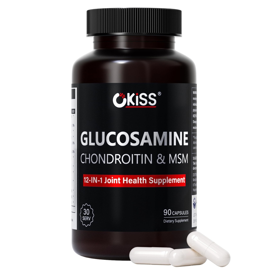 Okiss Glucosamine Chondroitin MSM Joint Support Supplement, 90 Capsules | 1500mg Glucosamine Sulfate · Chondroitin MSM · Vit D3 K2 · Eggshell Membrane · Non-GMO · Joint & Cartilage Support