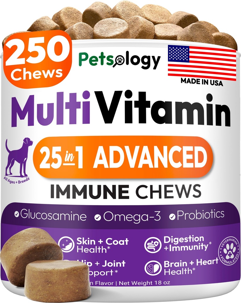 25-in-1 Dog Vitamins and Supplements - 250 Chews Dog Multivitamin Chewable | Glucosamine, Probiotics, Omega 3 for Dogs Skin & Coat, Hip & Joint, Gut, Brain & Immune Support, Senior & Puppy Multivitamin