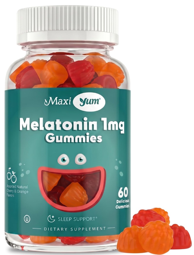 Maxi Health 1mg Μελατονίνη Gummies – Παιδιά Μελατονίνη Μασώμενα με Φυσικό Κεράσι & Πορτοκαλί Γεύση – Ενήλικας και Baby Sleep συμπλήρωμα βοήθειας για την υποστήριξη Ξεκούραστες νύχτες (60 Count)
