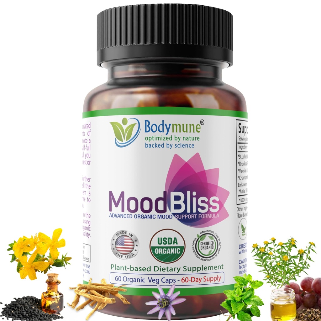 Bodymune Organic MoodBliss | Supports a Calm, Relaxed & Positive Mood* | with Ashwagandha, St. John's Wort & Lemon Balm | USDA Organic, USA-Made, Non-GMO, Gluten-Free - 60 cts.