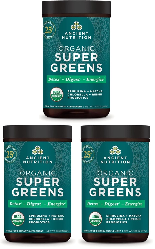 Ancient Nutrition Super Greens Powder, Organic Superfood Powder with Probiotics Made with Spirulina, Chlorella, Matcha, and Digestive Enzymes, 25 Servings, 7.05oz (Pack of 3)