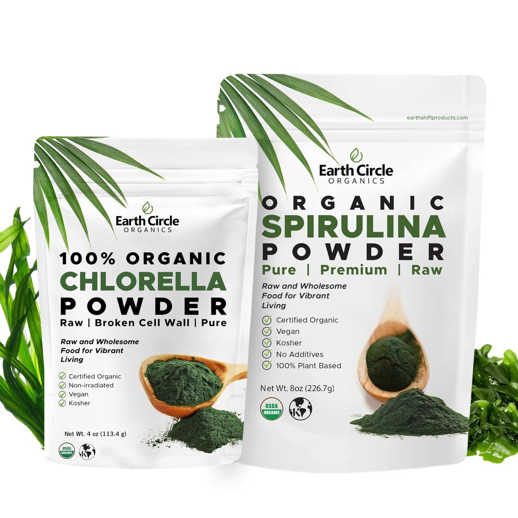 Earth Circle Organics - Organic Chlorella Powder (4 oz) and Spirulina Powder (8 oz) Superfood Bundle - Pure Vegan Protein, Kosher, High in Fiber & Amino Acids