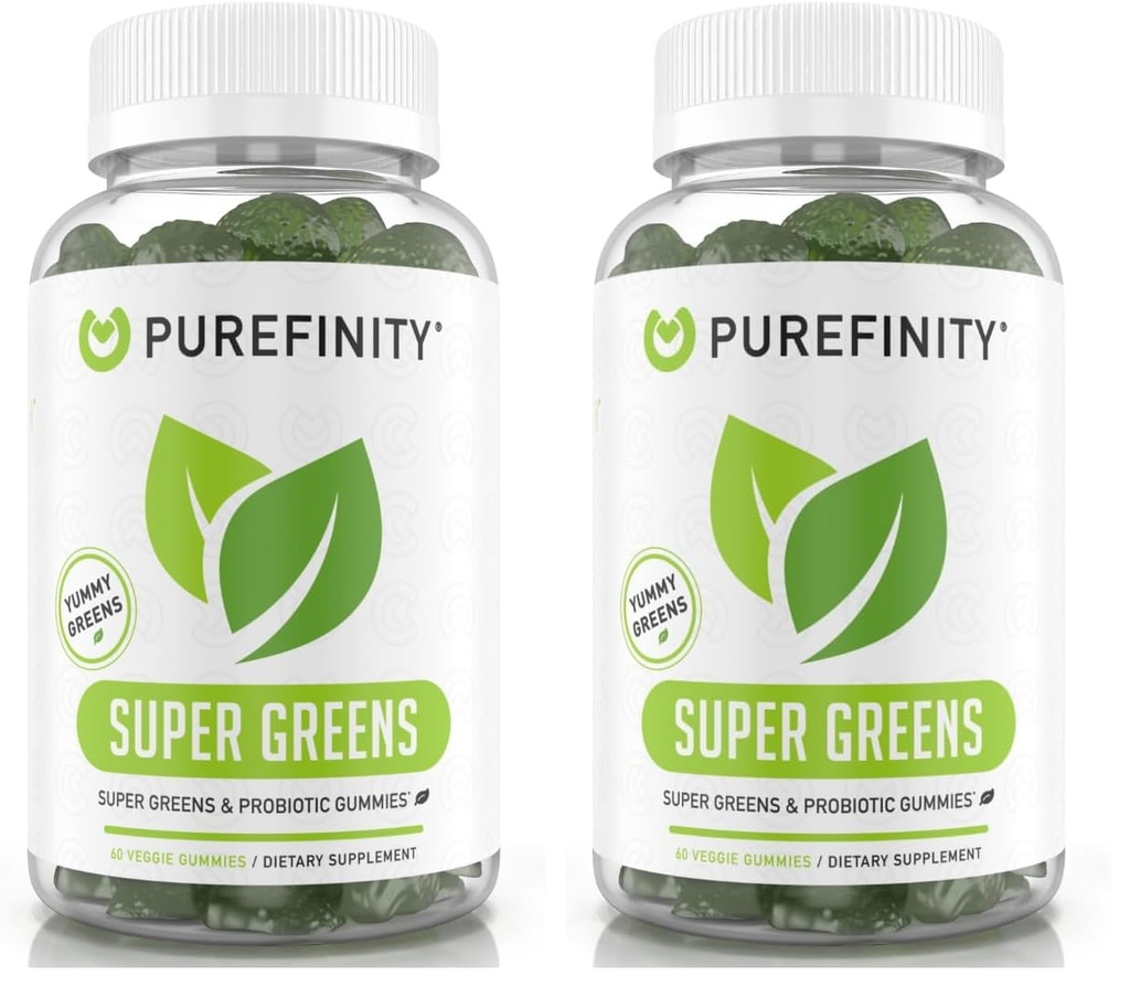 PUREFINITY Daily Super Greens Gummies with Spirulina, Spinach, Broccoli, Beet Root, Acai, and Other Vegetables, All-in-One Veggie Supplement – Non-GMO, Gluten Free, Vegan, 60 Count (Pack of 2)