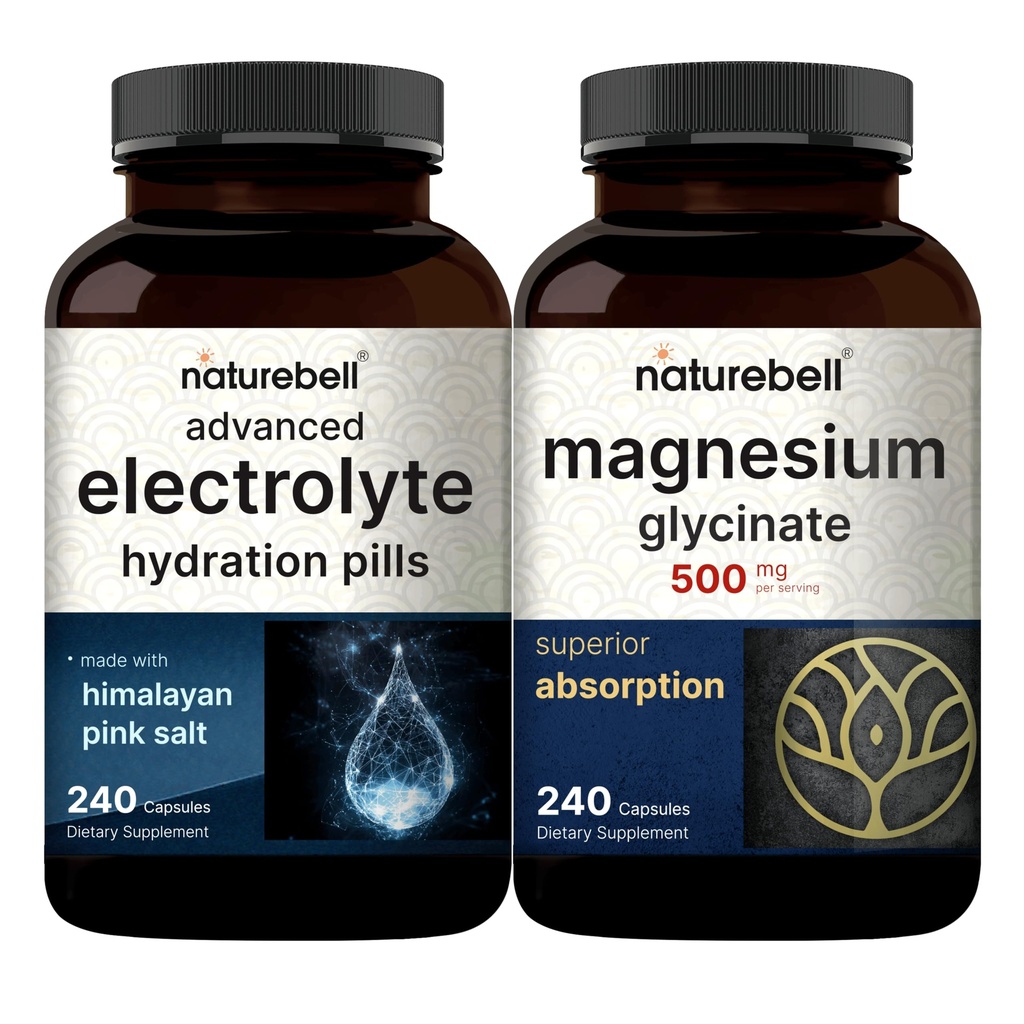 NatureBell Μαγνήσιο Γλυκινικό Κάψουλες 500mg & Προηγμένα χάπια ενυδάτωσης ηλεκτρολυτών Bundle Pack 