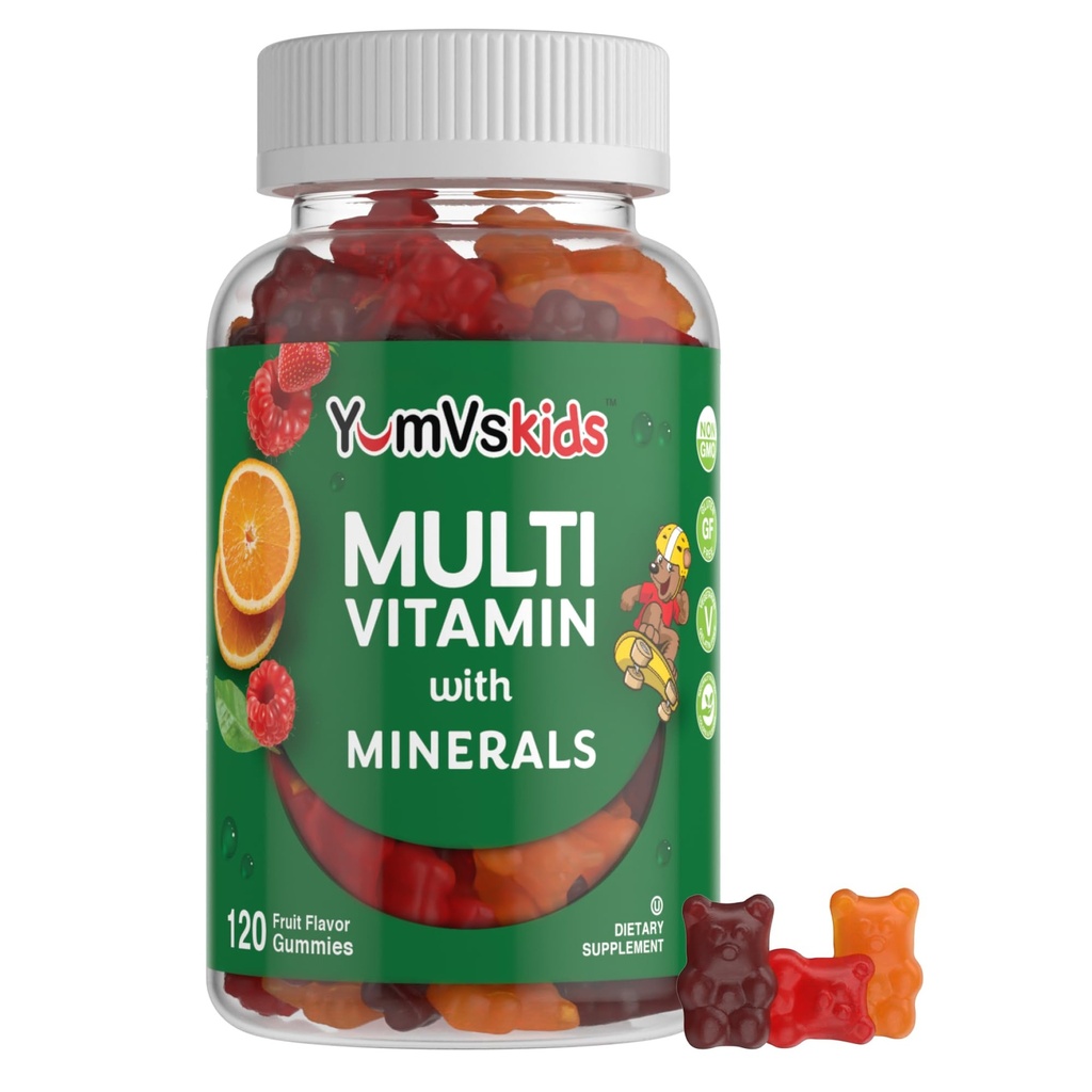 YumVs Kids Multivitamin Gummies - Φρούτα Γεύση Μασώμενα Παιδική Πολυβιταμίνη - Παιδικές Βιταμίνες Πολυβιταμίνη Gummy με 12 Ορυκτά & Βιταμίνες A C D3 E B6 B12 (120 Count (Pack of 1))