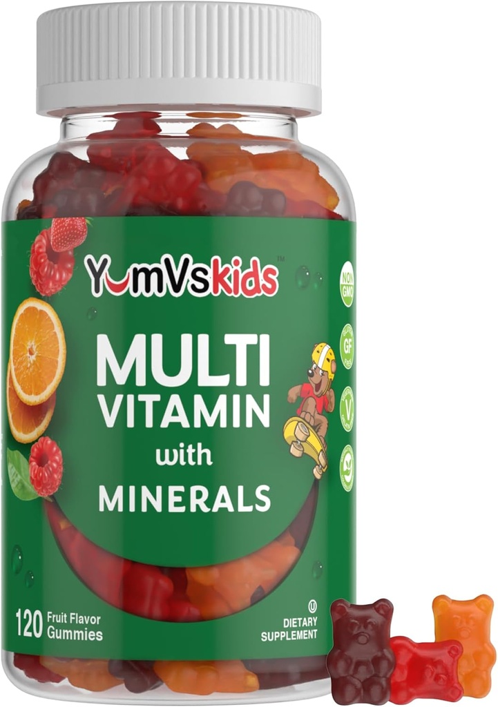 YumVs Kids Multivitamin Gummies - Φρούτα Γεύση Μασώμενα Παιδική Πολυβιταμίνη - Παιδικές Βιταμίνες Πολυβιταμίνη Gummy με 12 Ορυκτά & Βιταμίνες A C D3 E B6 B12 (120 Count (Pack of 1))