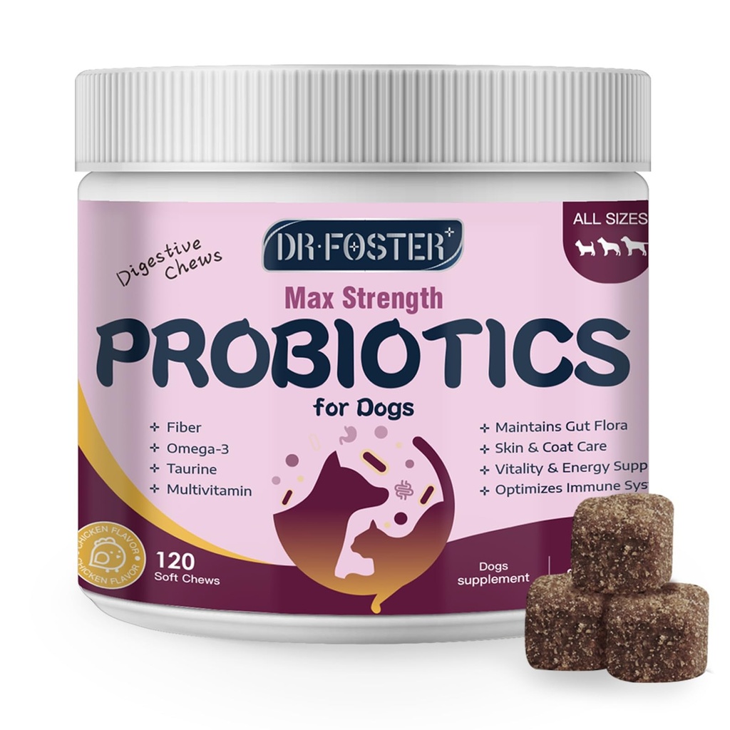 DRFOSTER Probiotics for Dogs, 6 Billion CFU, Pumpkin, 120 Chews | With Prebiotics, Digestive Enzymes, and Omega 3, Diarrhea Relief, Immune Support, Skin and Coat Care for Dogs