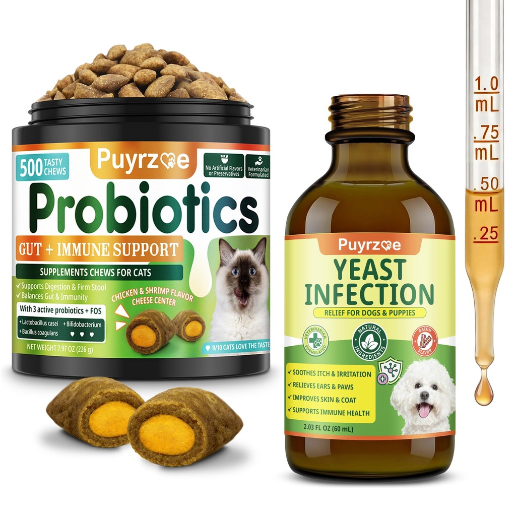 Puyrzoe Multi-Pet Gut & Yeast Balance Bundle – Cat Probiotic Chews with 3 Probiotics & FOS + Dog Yeast Support Oral Drops, Digestive & Immune Support for Cats & Dogs