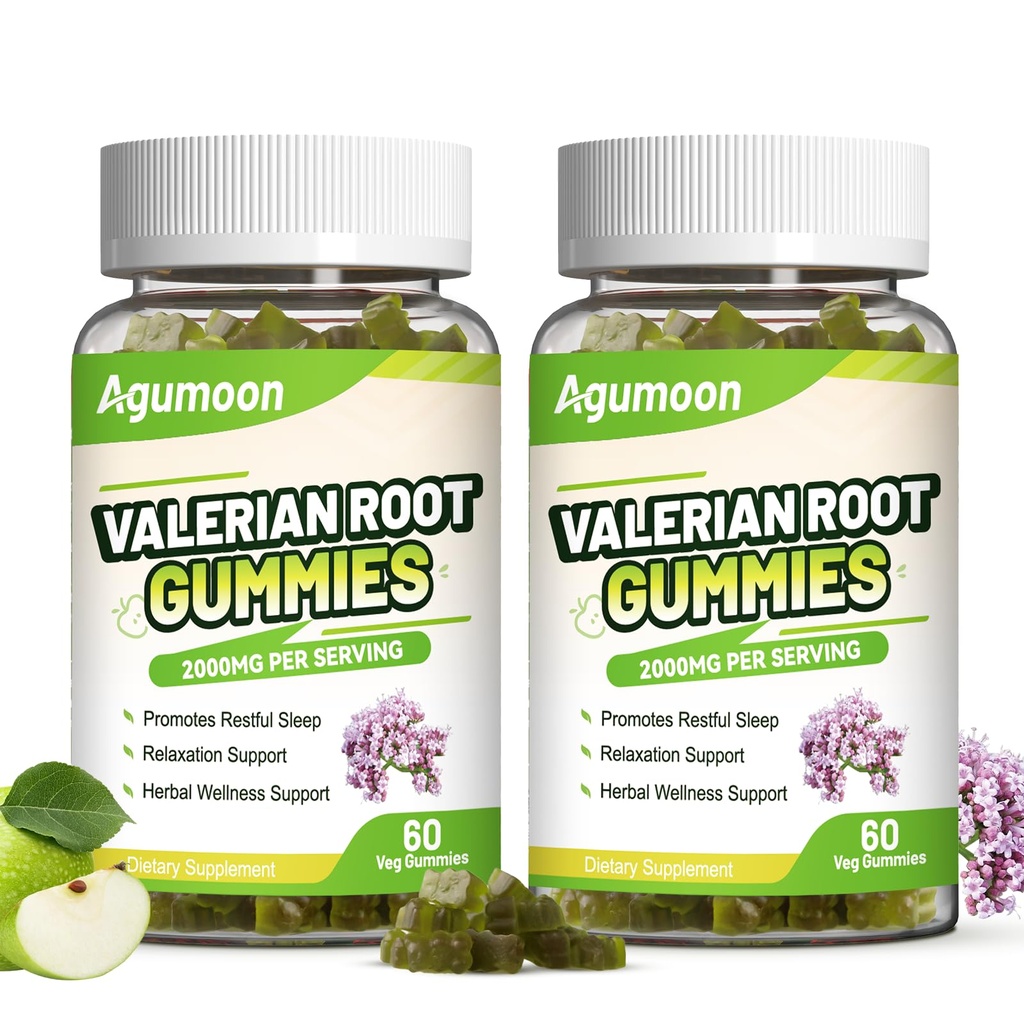 2 Pack Valerian Root Gummies 2000mg, Valerian Root Extract for Relaxation & Mood Support, Herbal Supplement for Kids & Adults, Vegan, Apple Flavor, 120 Count