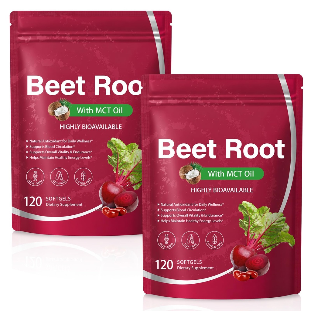 Tiuedu Beet Root Softgels, Beet Root Extract with MCT Oil, Healthy Circulation & Vitality Support, Antioxidant Supplement for Daily Wellness, 2Bag