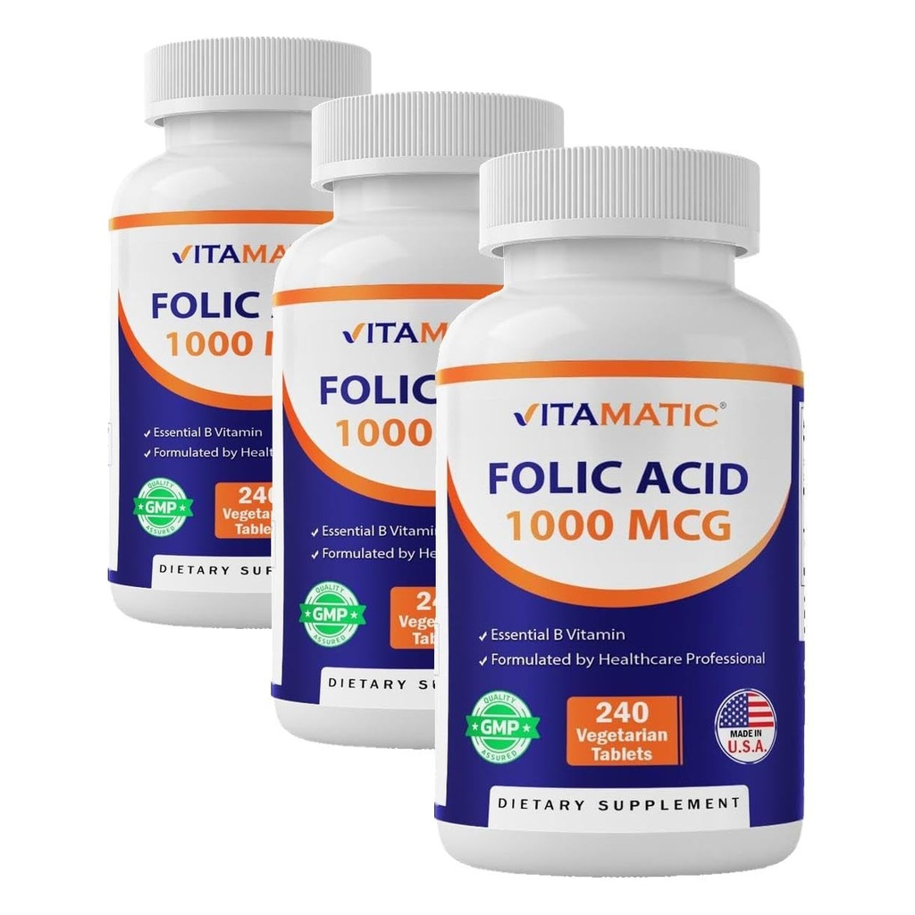 Vitamatic Folic Acid 1000 mcg (1 mg), 240 Vegetarian Tablets | Vitamin B9 (Pack of 3)