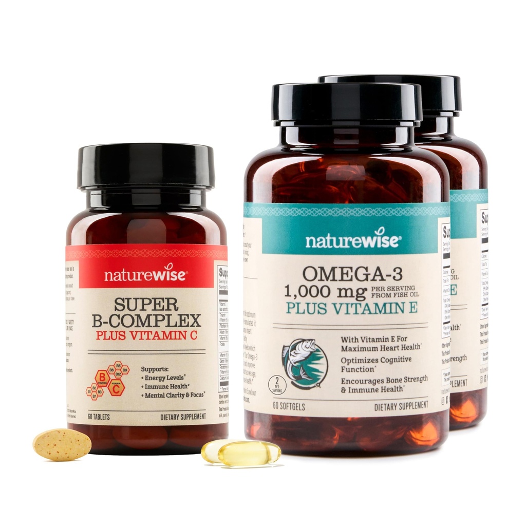NatureWise [1] Super Vitamin B Complex + Vitamin C - Vegan Non-GMO - 60 Tablets[60-Day Supply] + (Pack of 2) Omega 3 Fish Oil 1000mg + Vitamin E - Wild-Caught - 60 Softgels[30-Day Supply]
