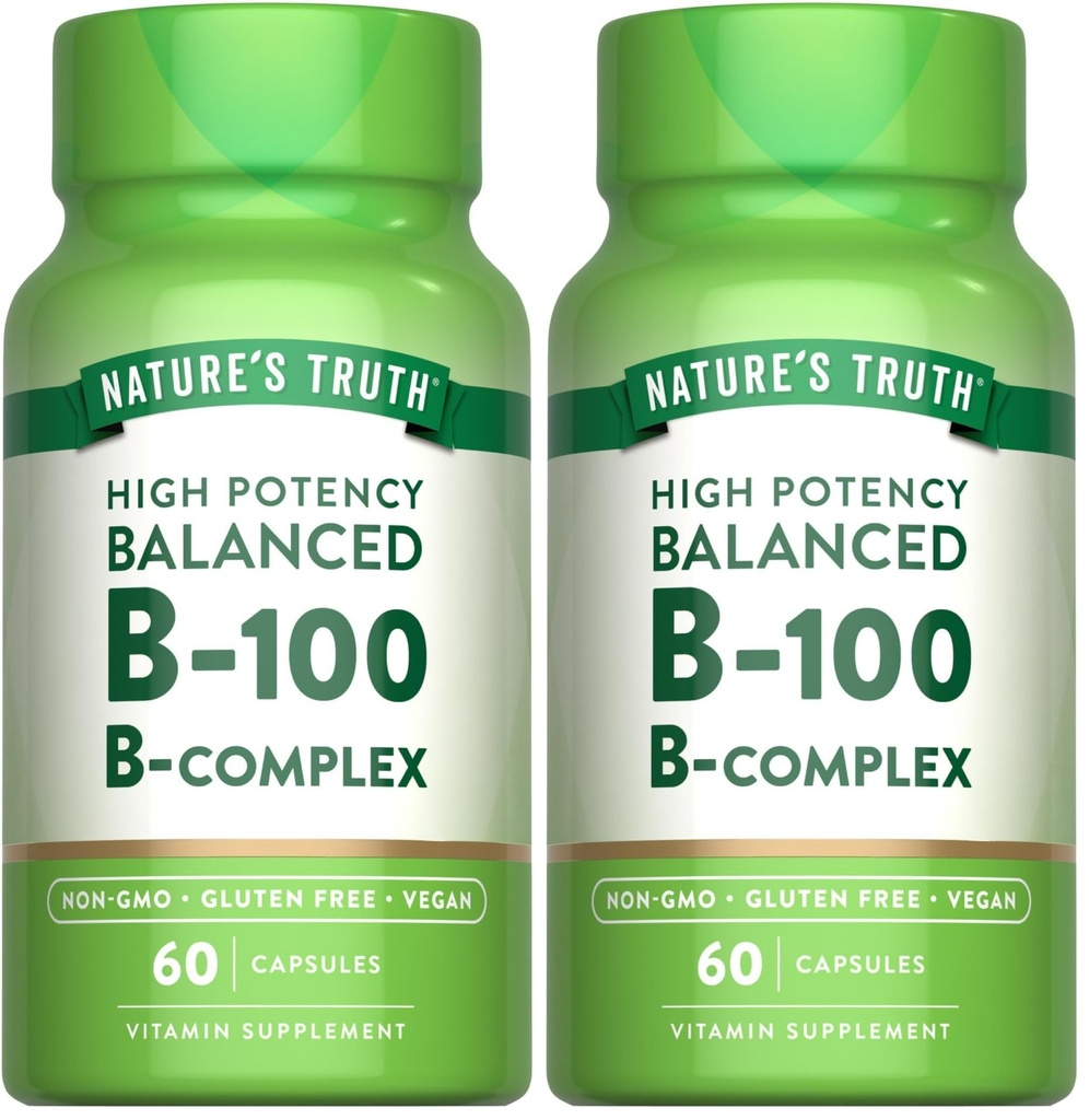 Nature's Truth Vitamin B Complex for Women and Men | 60 Capsules | High Potency B-100 | Vegan, Non-GMO & Gluten Free Supplement (Pack of 2)