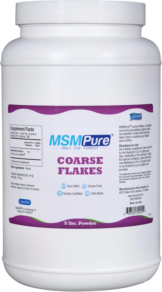 KALA HEALTH MSMPure Coarse MSM Powder Flakes – US-Made MSM for Joint Health, Skin Appearance, and Hair & Nail Support – 5 lb, Organic Sulfur