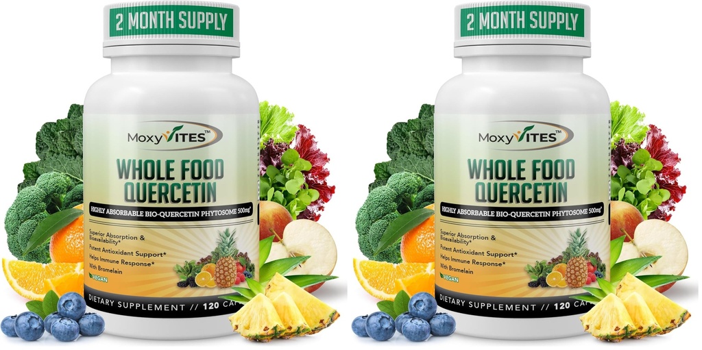 MoxyVites Quercetin with Bromelain 500mg Supplement - Bioactive Phytosome Complex, Pure Organic Whole Food Seasonal Support, Antioxidant, 20X Absorption & Bioavailability-120 Caps (Pack of 2)