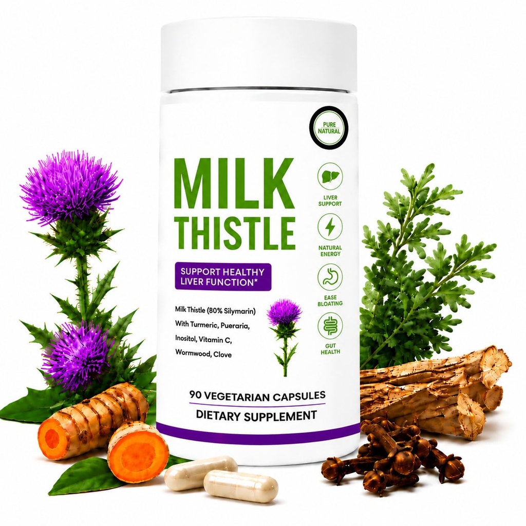 Milk Thistle Supplement, 90 Capsules | 80% Silymarin, Liver Support Formula, Ease Bloating, Gut Health, Increased Vitality