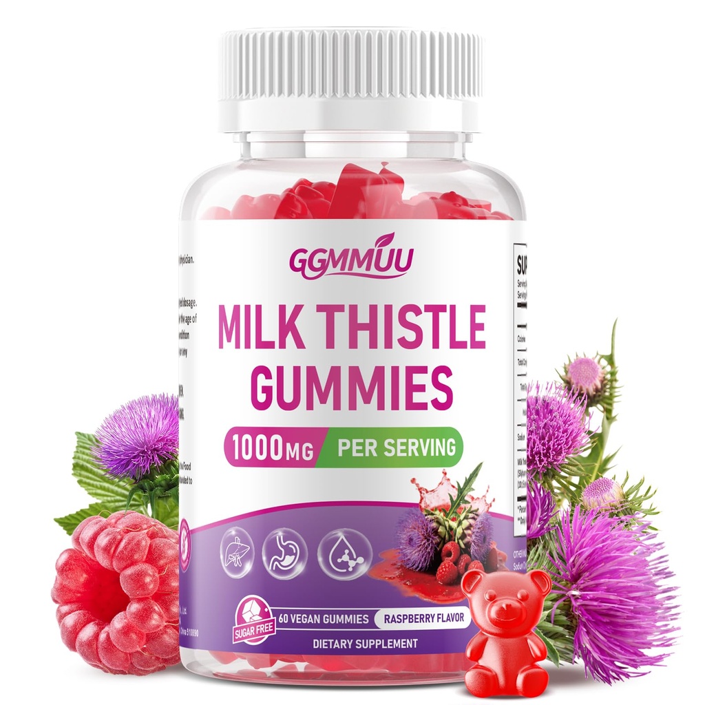 Sugar Free Milk Thistle Gummies 1000mg - Liver Support, 60 Count | 10:1 High Potency Milk Thistle Extract, Supports Daily Fat Digestion & Liver Care, Vegan Pectin Chewable, Raspberry Flavor
