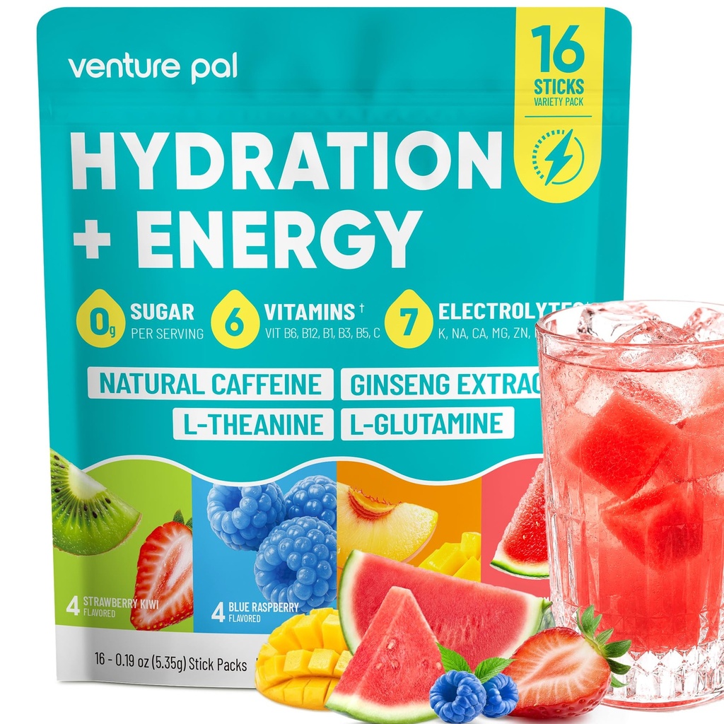 Venture Pal Hydration + Energy Electrolytes Powder, Sugar Free Drink Mix with 7 Electrolytes, Natural Caffeine, B Vitamins, L-Theanine & Ginseng for Focus, Energy and Recovery, 16 Packets